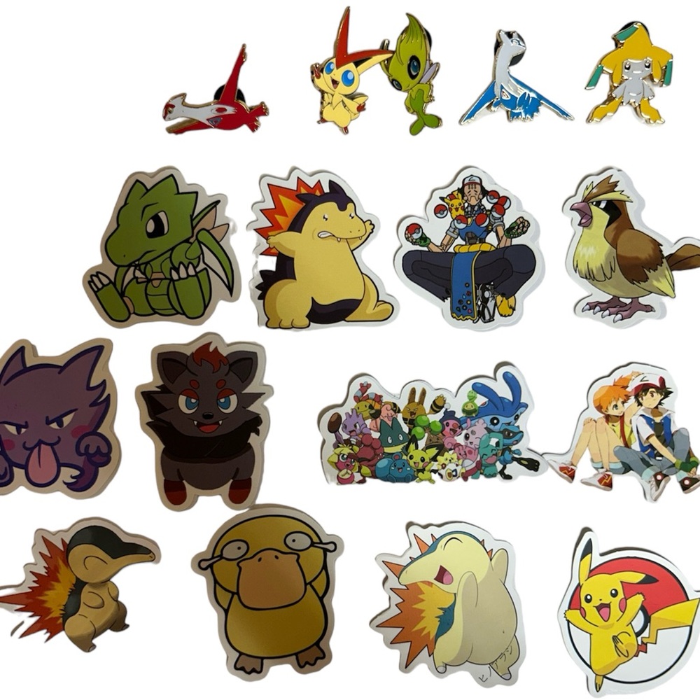 Pokemon (5 Official Pins) + 12 Pokemon Stickers